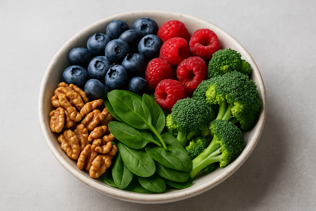 Bowl con arándanos, frambuesas, brócoli, espinacas y nueces. Alimentos ideales para después de la radiofrecuencia.