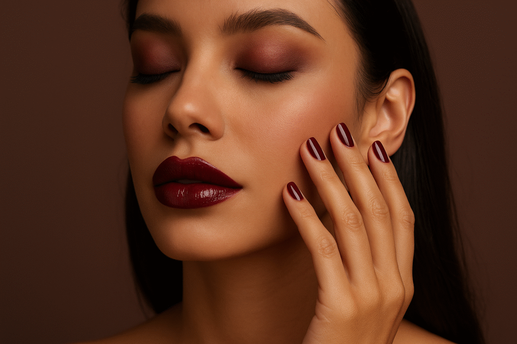 Modelo con maquillaje y manicura Black Cherry, tendencia 2025 por En Gold Stetic RD.
