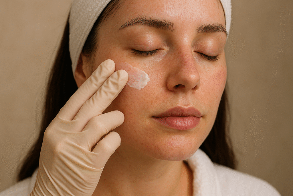 Mujer aplicándose crema en la cara como parte de la guía post-PRP