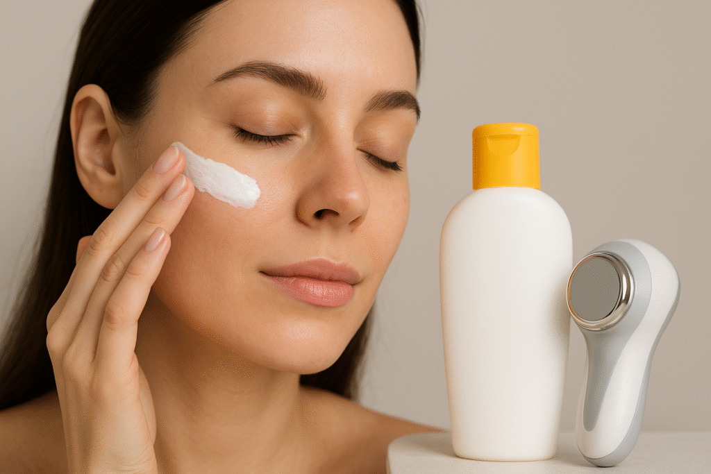 Mujer aplicando protector solar en el rostro junto a un dispositivo de ultrasonido facial en En Gold Stetic RD