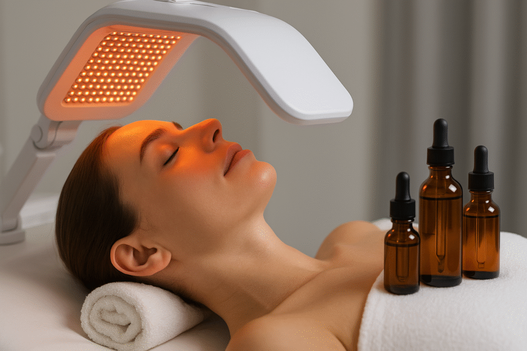 Mujer recibiendo tratamiento facial con luz LED y sueros en En Gold Stetic RD