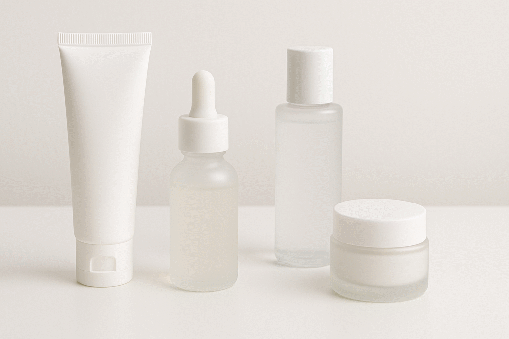 Cuatro productos de cuidado facial minimalistas en envases blancos: tubo, gotero, tónico y crema hidratante.