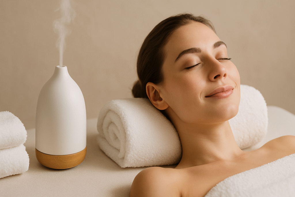 Mujer relajándose con aromaterapia para un tratamiento facial en En Gold Stetic RD