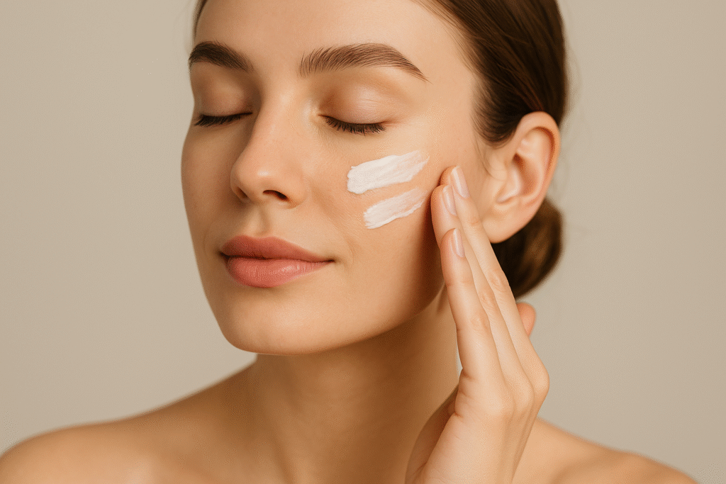 Mujer aplicando crema hidratante en el rostro para el cuidado post-Baby Botox.